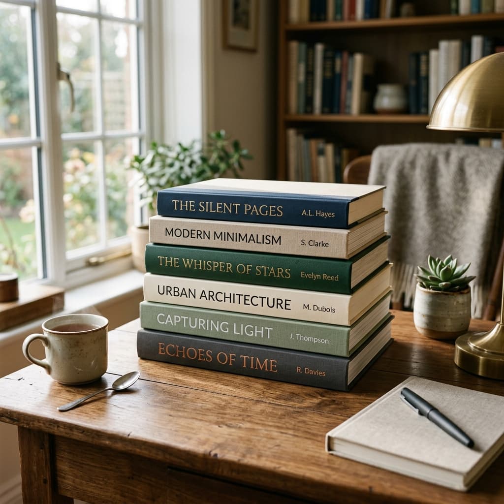 Stack of published books on a desk